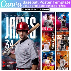 Pacote editável com 10 pôsteres de beisebol do Canva, modelo de esportes de beisebol do Canva, pôster de beisebol sênior, cenários de beisebol, modelos de fotos personalizados