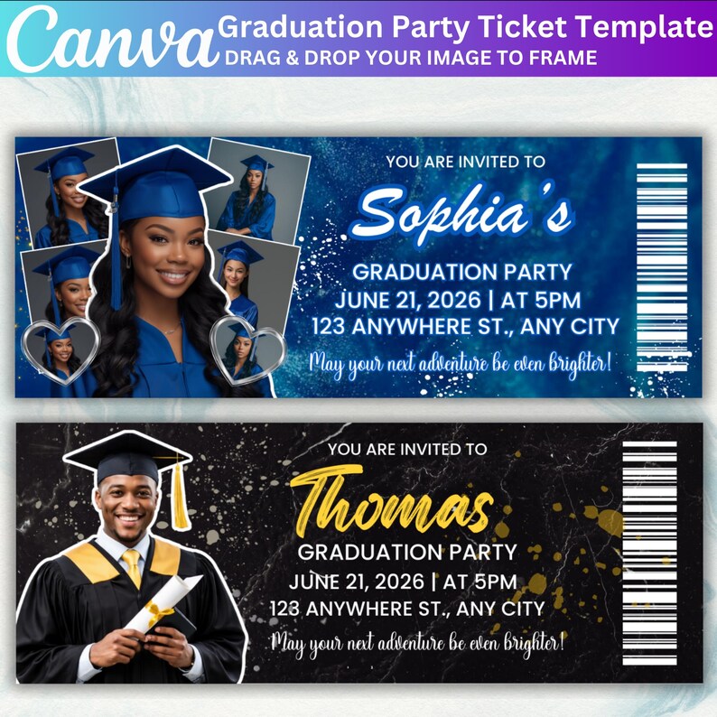 10 Graduation Party Ticket Template Bundle, Editable Canva Graduation ...