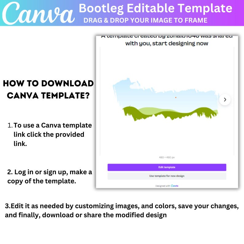 May include: A Canva template with a green and blue landscape design. The text "A template created by zonai10-40 was shared with you, start designing now" is displayed above the landscape. The text "Edit template" is displayed on a purple button.