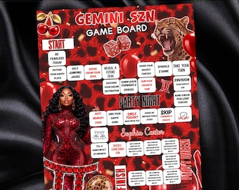 Juego de mesa de cumpleaños Gemini SZN, juego de cumpleaños con estampado de guepardo editable en Canva, actividad de cumpleaños astrológica, tablero para beber Gemini SZN, digital