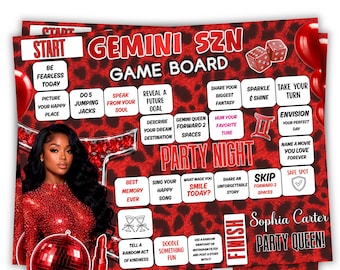 Juego de mesa de cumpleaños Gemini SZN, juego de cumpleaños con estampado de guepardo editable en Canva, actividad de cumpleaños astrológica, tablero para beber Gemini SZN, digital