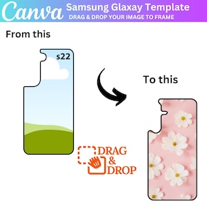 Peut inclure: Un mod&egrave;le de coque de t&eacute;l&eacute;phone Samsung Galaxy. Le mod&egrave;le montre une sc&egrave;ne de paysage simple avec un ciel bleu, des nuages blancs et de l'herbe verte. Le texte "s22" est visible dans le coin sup&eacute;rieur droit. Le mod&egrave;le est con&ccedil;u pour &ecirc;tre utilis&eacute; avec une fonction de glisser-d&eacute;poser pour ajouter une image personnalis&eacute;e &agrave; la coque.