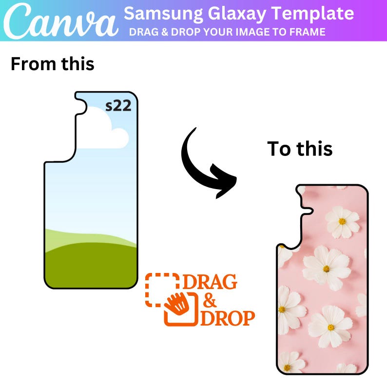 Peut inclure: Un mod&egrave;le de coque de t&eacute;l&eacute;phone Samsung Galaxy. Le mod&egrave;le montre une sc&egrave;ne de paysage simple avec un ciel bleu, des nuages blancs et de l'herbe verte. Le texte "s22" est visible dans le coin sup&eacute;rieur droit. Le mod&egrave;le est con&ccedil;u pour &ecirc;tre utilis&eacute; avec une fonction de glisser-d&eacute;poser pour ajouter une image personnalis&eacute;e &agrave; la coque.