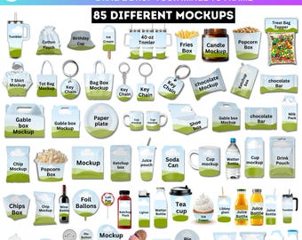 85 Party Favors Mockup Mega Bundle, Canva bearbeitbare Party Favor Mockups Vorlage, Schokoriegel, Chip-Beutel, DIY Wasserflasche, Giebelbox Mockup
