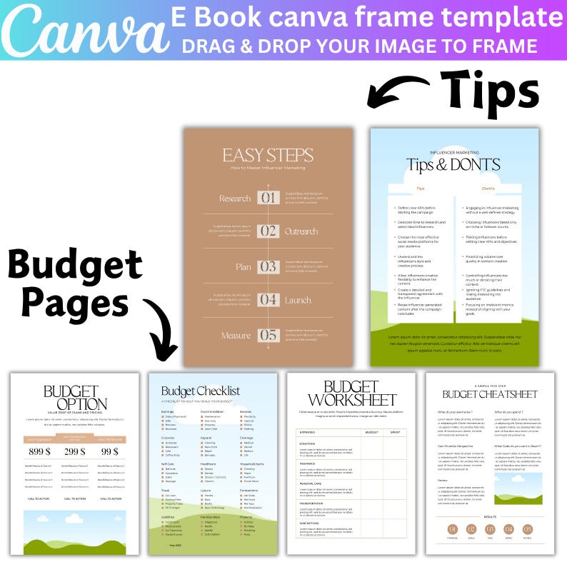 May include: A Canva template for an e-book with a brown, blue, and green color scheme. The template includes pages for a budget option, budget checklist, budget worksheet, and budget cheatsheet. The text "Budget Pages" is written in a large font on the left side of the image. The text "Tips" is written in a large font on the right side of the image.