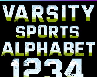 Beunruhigtes Varsity-Alphabet-Set, Fußball-Grunge-Buchstaben, Canva-Drag & Drop-Canva-Vorlage, Canva bearbeitbare Sportnummern, beunruhigte Schriftart