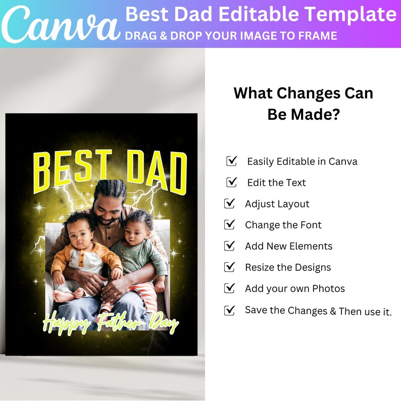 K&ouml;nnte beinhalten: Eine digitale Vorlage zum Vatertag mit dem Text "Best Dad" in Gelb und einem Blitzdesign. Das Bild zeigt einen Vater mit zwei Kindern. Der Text "Happy Father's Day" ist ebenfalls sichtbar.