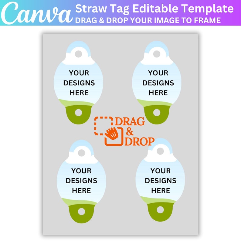 Straw Tag Template, Editable Canva Straw Tag Canva Frame, Custom Straw ...