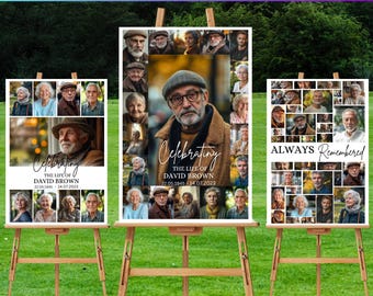 Set di 3 poster commemorativi per funerali con collage di foto, modello modificabile su Canva, poster "In Loving Memory", modello per la celebrazione della vita, set di 3 poster commemorativi.
