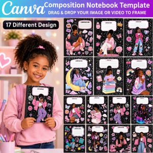 Puede incluir: Una plantilla de cuaderno de composición de Canva con 17 diseños diferentes con fondos negros, personajes ilustrados y varios iconos como corazones, estrellas y flores. Cada diseño incluye un área de etiqueta blanca para escribir.