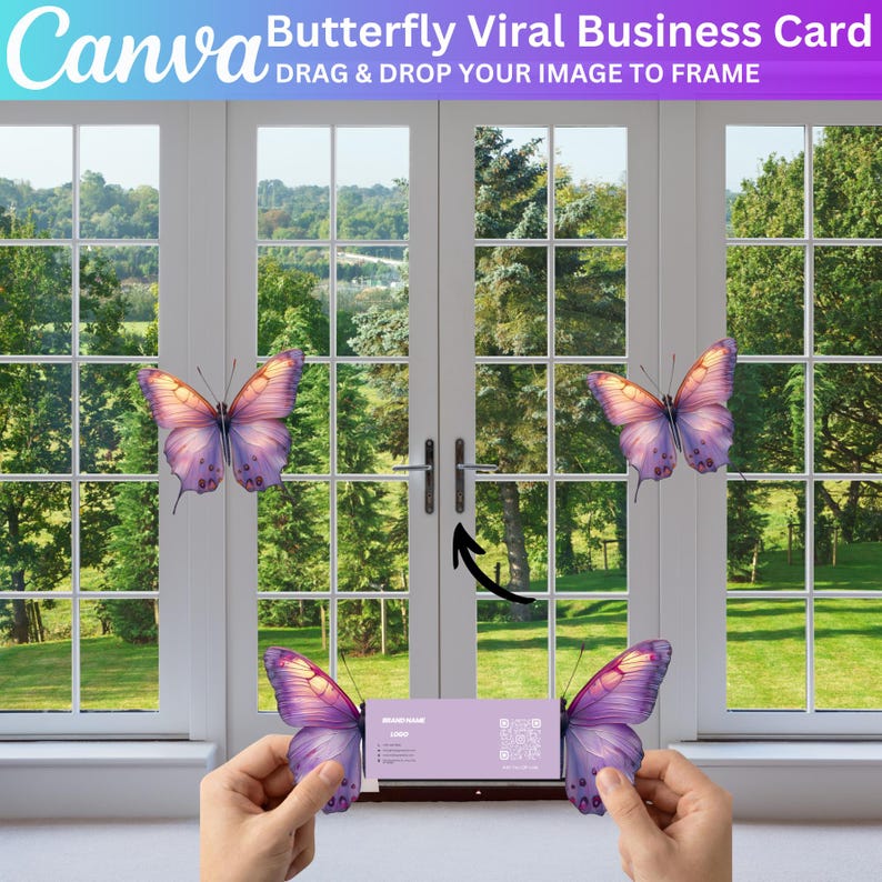 Może przedstawiać: Projekt wizyt&oacute;wki z motywem motyla. Karta jest trzymana między dwoma wycięciami motyli, z oknem i drzewami w tle. Widoczny jest tekst "Butterfly Viral Business Card" i "Drag & Drop Your Image To Frame".