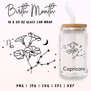 Geboorte maand bloem SVG, Steenbok geboorte bloem SVG, 16oz Libbey volledige wrap SVG, Wildflower koffiekopje, bloemboeket, verjaardagscadeau voor haar