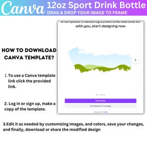 May include: A Canva template design for a 12oz sport drink bottle. The image includes instructions on how to download the Canva template, with steps to use the template, edit, and download the design. The Canva logo is visible in the top left corner.