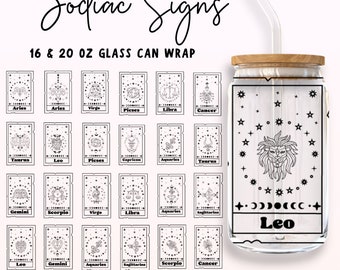 May include: A set of 24 black and white printable designs featuring zodiac signs for 16 and 20 ounce glass can wraps. The designs include the zodiac symbols and names, such as Aries, Taurus, Gemini, Cancer, Leo, Virgo, Libra, Scorpio, Sagittarius, Capricorn, Aquarius, and Pisces. The designs are perfect for creating personalized gifts or adding a touch of whimsy to your own drinks.