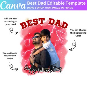 Puede incluir: Una plantilla digital con el texto "Best Dad" en rojo, con un padre y un ni&ntilde;o abraz&aacute;ndose. El fondo es rojo con dise&ntilde;os de rayos blancos. El texto "Happy Father's Day" est&aacute; en la parte inferior. El logotipo de Canva est&aacute; en la parte superior izquierda.