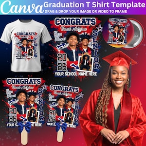 Puede incluir: Un diseño con temática de graduación con una camiseta blanca, un botón y decoraciones de palitos de helado, todos con un mensaje de "Felicitaciones" y el texto "Senior 26". También se muestra una mujer con toga y birrete rojos.