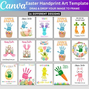 以下が含まれることがあります： Canvaのイースター手形アートテンプレート。16種類のデザインがあり、それぞれカラフルな手形、イースターエッグ、ウサギ、そして「Happy Easter」や「Some Bunny loves you」などのテキストが特徴です。