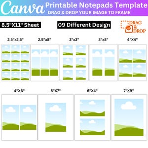 Könnte beinhalten: Eine Canva-Vorlage für druckbare Notizblöcke mit neun verschiedenen Layouts auf einem 8,5 x 11 Zoll Blatt. Die Vorlage enthält verschiedene Notizblockgrößen wie 2,5x2,5, 2,5x8, 3x3, 3x8, 4x4, 4x6, 5x7, 6x4 und 7x9 Zoll mit Drag-and-Drop-Rahmen.