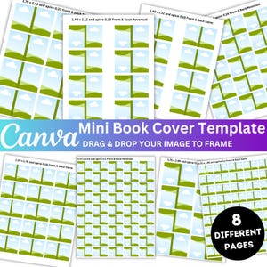 May include: A collection of eight mini book cover templates with various designs. The templates are labeled with dimensions in inches and feature a landscape design with green and blue elements. The Canva logo and text "Mini Book Cover Template" are also visible.