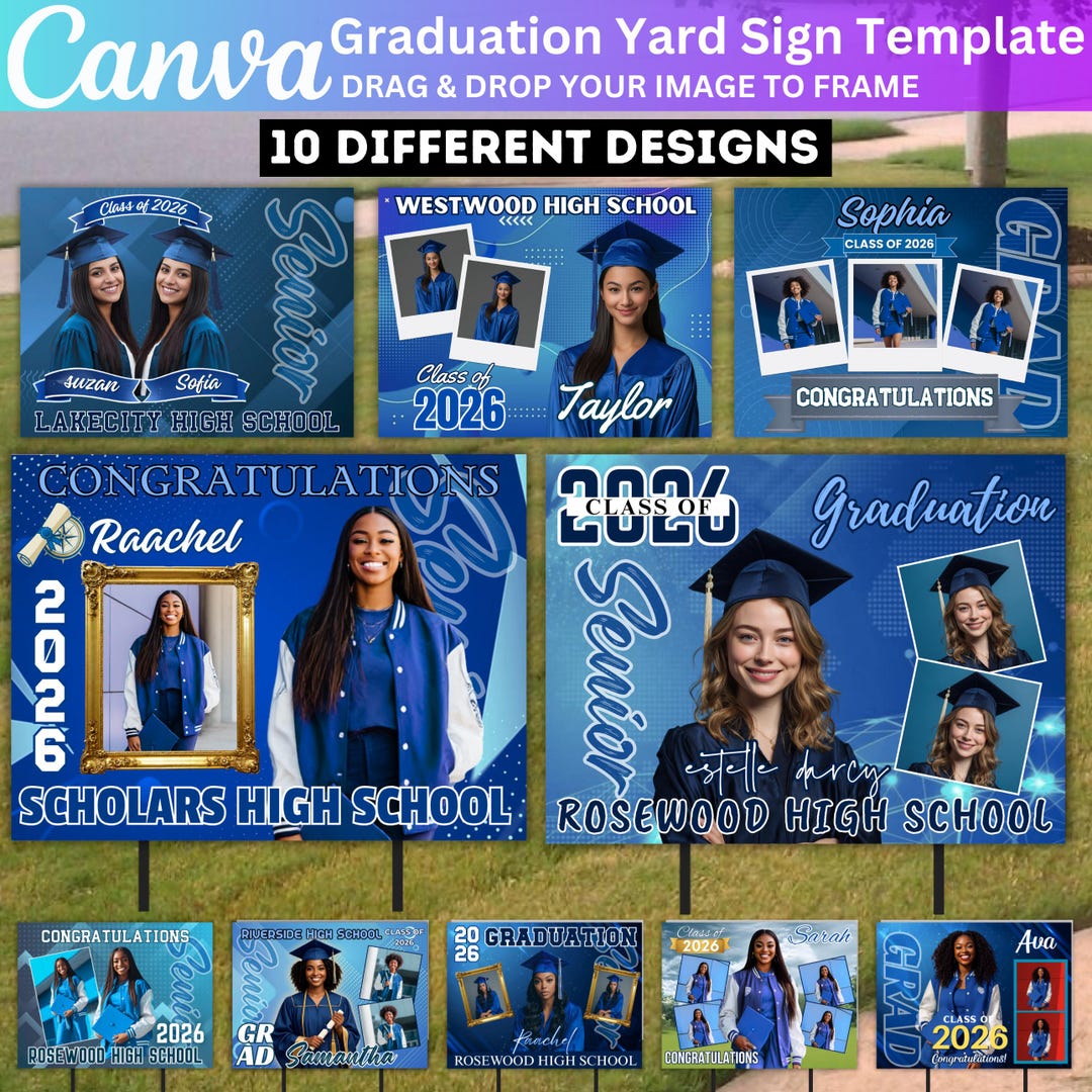 10 Blue Graduate Yard Sign Bundle, Graduation Canva Editable Template ...