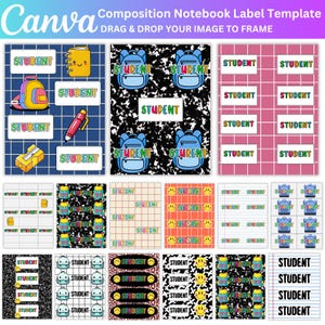 May include: A Canva composition notebook label template with various designs. The designs include labels with the word "STUDENT", backpacks, smiley faces, and notebook illustrations. The background patterns include grids, marble, and lined paper.