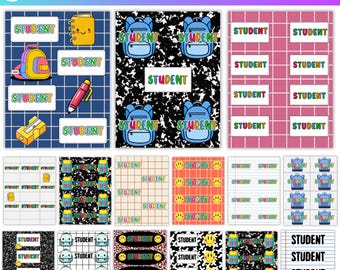 Student Name Labels and Composition Notebook Classroom Decor Template, Student Name Tags and Plates, Editable Canva Classroom Decor Theme