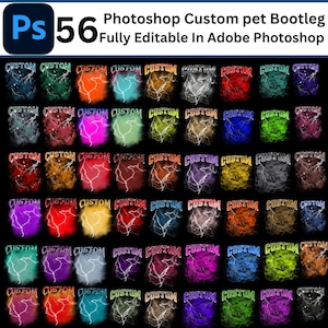 May include: A collection of 56 customizable pet name graphics in various colors. Each graphic features the word "CUSTOM" in a bold, stylized font with lightning bolts and a colorful background.