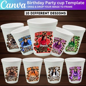 Puede incluir: Vasos de fiesta de espuma blanca con varios diseños para una celebración de cumpleaños. Cada vaso presenta un diseño diferente con una foto de una persona, la palabra "Chapter" y el número 25, 27 o 28. Los vasos tienen un fondo de estampado de leopardo y el texto "10 DIFFERENT DESIGNS".
