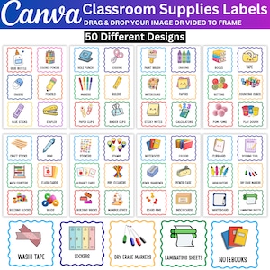 May include: A digital collection of 50 classroom supplies labels featuring colorful scalloped borders and cute illustrations. Each label includes text identifying items like glue bottles, pencils, scissors, markers, rulers, and various school supplies.