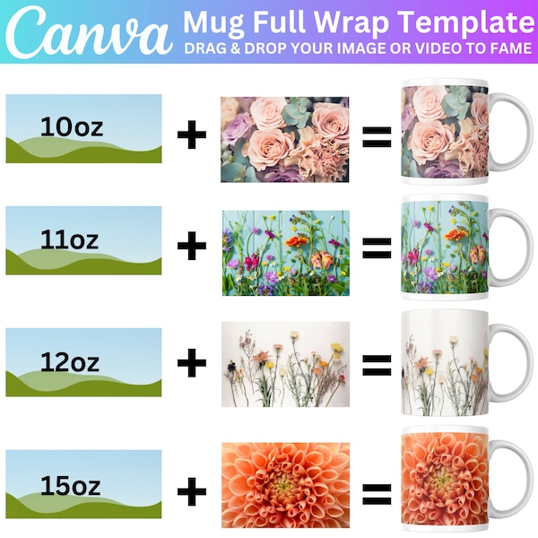 Full Wrap Mug Templates, 10oz, 11oz, 12oz, 15oz Canva Mug Templates, Coffee Mug Mockup, Sublimation Mugs Template, Cava Editable Files