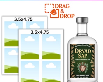 May include: A clear glass bottle with a silver cap and a label that reads "Dryad Sap Forest Memory Elixir." The label has a green border and a woman's face. Two sheets of labels, each 3.5 x 4.75 inches, are also shown.