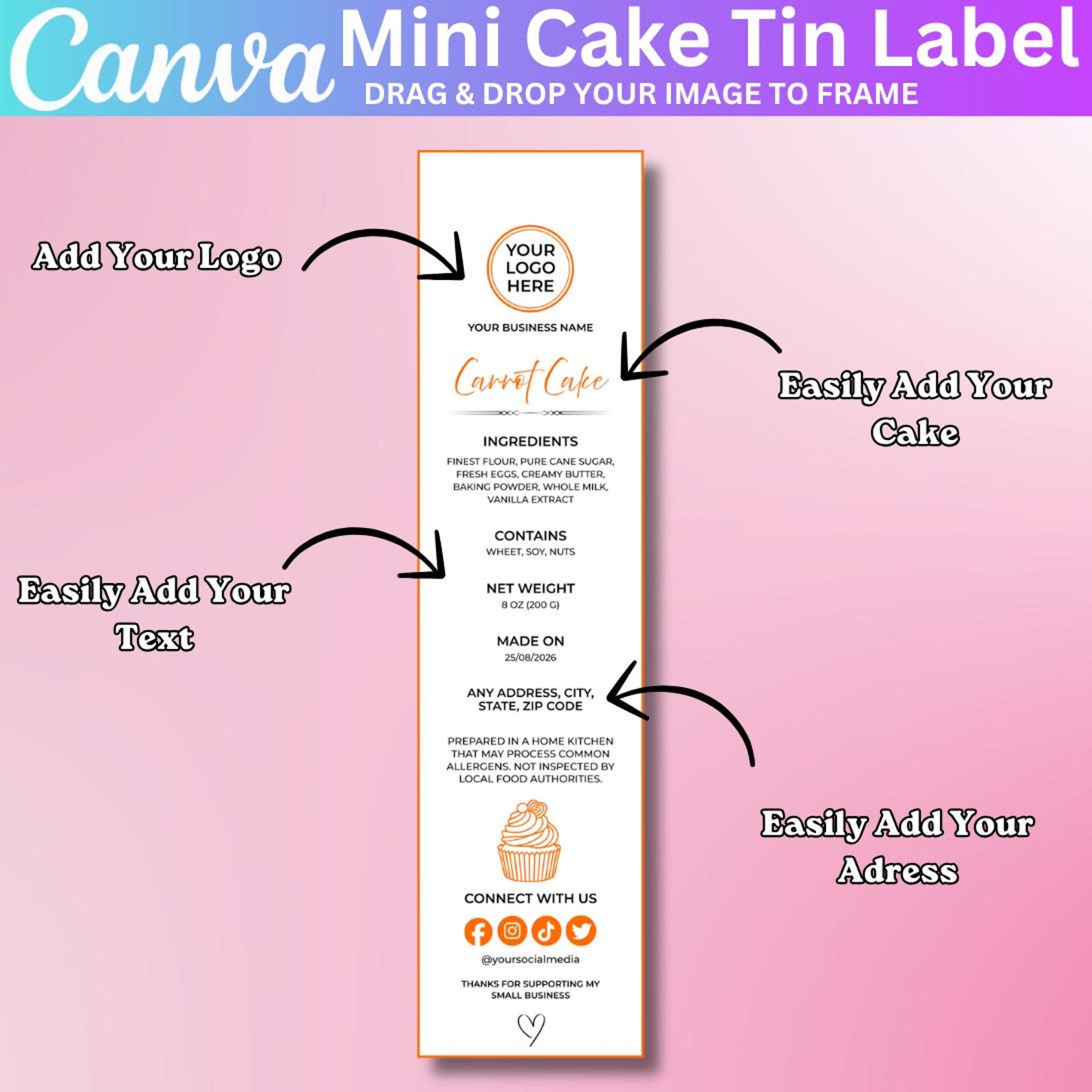 10 Mini Cake Tin Label Template, Canva Editable Bakery Packaging Label ...
