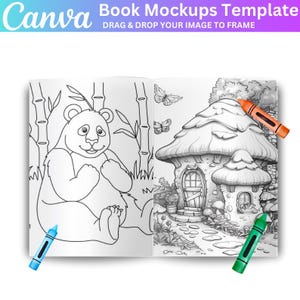 May include: A black and white coloring book page with a panda bear sitting in a bamboo forest and a mushroom house with a door and a window. Crayons in blue, green, and orange are placed on the page.