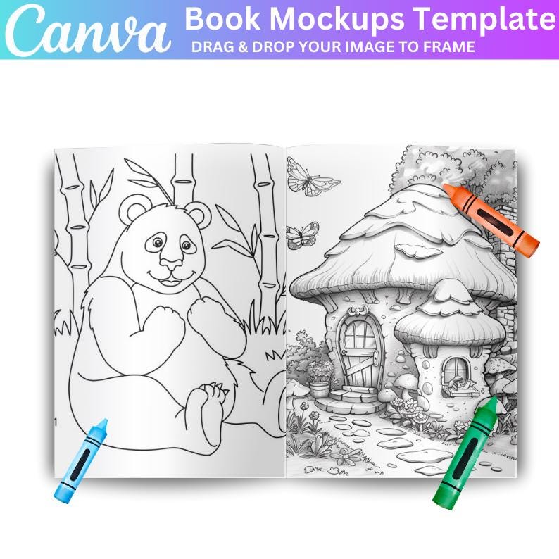 May include: A black and white coloring book page with a panda bear sitting in a bamboo forest and a mushroom house with a door and a window. Crayons in blue, green, and orange are placed on the page.