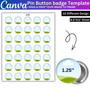 Pu&ograve; includere: Un modello di spilla Canva su un foglio da 8,5 per 11 pollici con 30 cornici circolari da 1,25 pollici di diametro. Il design include una grafica paesaggistica blu e verde, una freccia disegnata a mano e 10 diversi modelli di design.