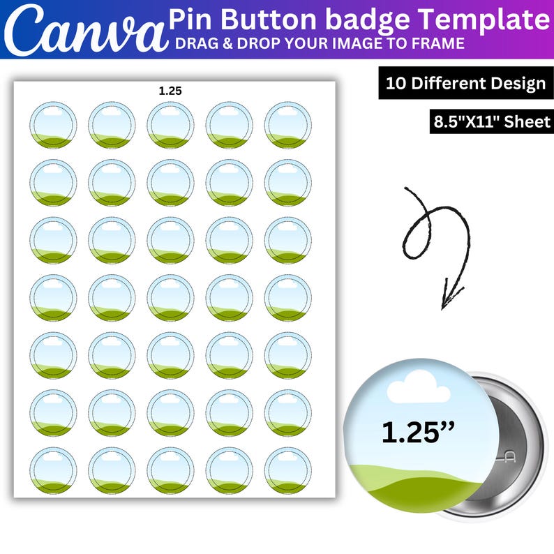 Pu&ograve; includere: Un modello di spilla Canva su un foglio da 8,5 per 11 pollici con 30 cornici circolari da 1,25 pollici di diametro. Il design include una grafica paesaggistica blu e verde, una freccia disegnata a mano e 10 diversi modelli di design.