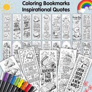Peut inclure: Ensemble de marque-pages à colorier avec des citations inspirantes. Chaque marque-page présente des motifs uniques sur le thème des livres et des phrases comme "Les livres sont de la magie déguisée". Comprend un ensemble de marqueurs colorés.