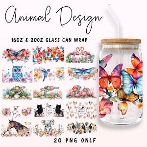 Animal Libbey Glass Bundle, 16oz & 20oz Libbey Glass Wrap Design, Floral Butterfly PNG, Dragonfly Can Wrap, Cute Turtle Sublimation Designs