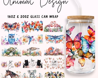 Animal Libbey Glass Bundle, 16oz & 20oz Libbey Glass Wrap Design, Floral Butterfly PNG, Dragonfly Can Wrap, Cute Turtle Sublimation Designs