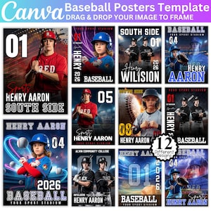 Può includere: Una collezione di 12 modelli di poster di baseball con vari design. Ogni poster presenta un'immagine del giocatore, il nome della squadra e il testo "Baseball" e "Your Sport Stadium". I poster sono in tonalità di rosso, blu e nero.