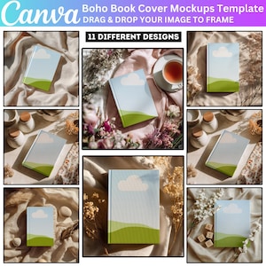 Könnte beinhalten: Eine Sammlung von Buchcover-Mockups im Boho-Stil. Jedes Mockup zeigt ein Buch mit einem hellblauen Himmel- und Wolken-Design, mit grünen Hügeln am unteren Rand. Der Text "Boho Book Cover Mockups Template" ist sichtbar.