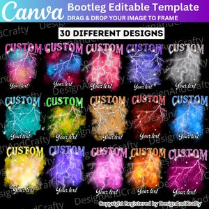 Op de afbeelding: Een digitale sjabloon met 30 verschillende ontwerpen met kleurrijke bliksemgraphics. Elk ontwerp bevat het woord "CUSTOM" en ruimte voor gepersonaliseerde tekst. De Canva-sjabloon is bewerkbaar en stelt gebruikers in staat hun eigen afbeeldingen te slepen en neer te zetten.
