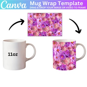 May include: A white ceramic mug with a pink and purple floral design. The mug is 11 ounces and has a handle.