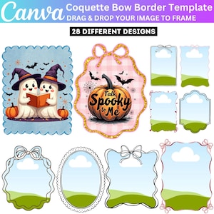 Editable Canva Border Frames, Halloween Custom  Striped background, Squiggle Scalloped Ccanva Frames, Custom Bow Canva Drag and Drop Frame