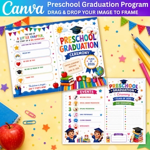 May include: A preschool graduation program template featuring colorful illustrations of graduation caps, books, apples, and globes. The text includes Preschool Graduation Ceremony, Class of 2026, and a list of events with icons for speeches, awards, and diplomas.