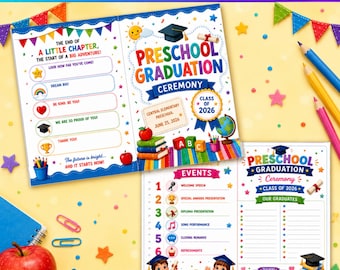 Plantilla para programa de graduación preescolar, imprimible para ceremonia de graduación, ceremonia de graduación preescolar, descarga digital para graduación preescolar
