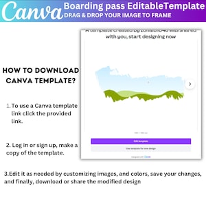 May include: A Canva template design guide with instructions on how to download and edit a boarding pass template. The guide includes steps to use the template, customise images and colours, and download the design. The Canva logo is visible.