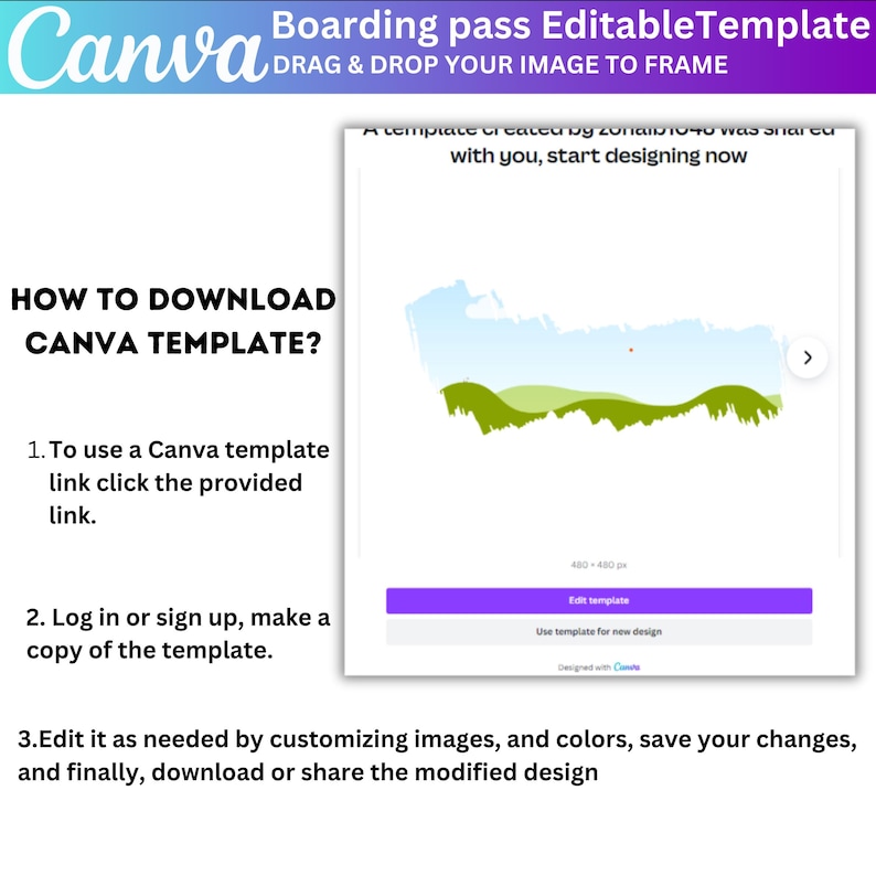 May include: A Canva template design guide with instructions on how to download and edit a boarding pass template. The guide includes steps to use the template, customise images and colours, and download the design. The Canva logo is visible.