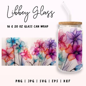 May include: A digital design featuring watercolor-style flowers in shades of pink, purple, blue, and orange. The design is for a 16 or 20 ounce glass can wrap. The text "Libbey Glass" and "16 & 20 OZ GLASS CAN WRAP" is included in the design.