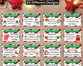 May include: A template for Christmas secret mission cards with 60 different designs. Each card has a red and green border and features a unique mission, such as mentioning hot cocoa or asking about gifts for Santa.